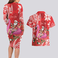 Personalized Hawaii Christmas Couples Matching Long Sleeve Bodycon Dress and Hawaiian Shirt Mele Kalikimaka Chilling Shaka Santa Flamingo - Polynesian Pride