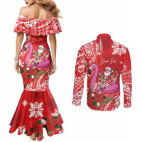 Personalized Hawaii Christmas Couples Matching Mermaid Dress and Long Sleeve Button Shirt Mele Kalikimaka Chilling Shaka Santa Flamingo - Polynesian Pride