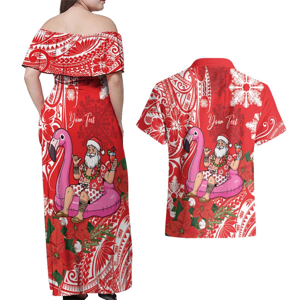 Personalized Hawaii Christmas Couples Matching Off Shoulder Maxi Dress and Hawaiian Shirt Mele Kalikimaka Chilling Shaka Santa Flamingo - Polynesian Pride