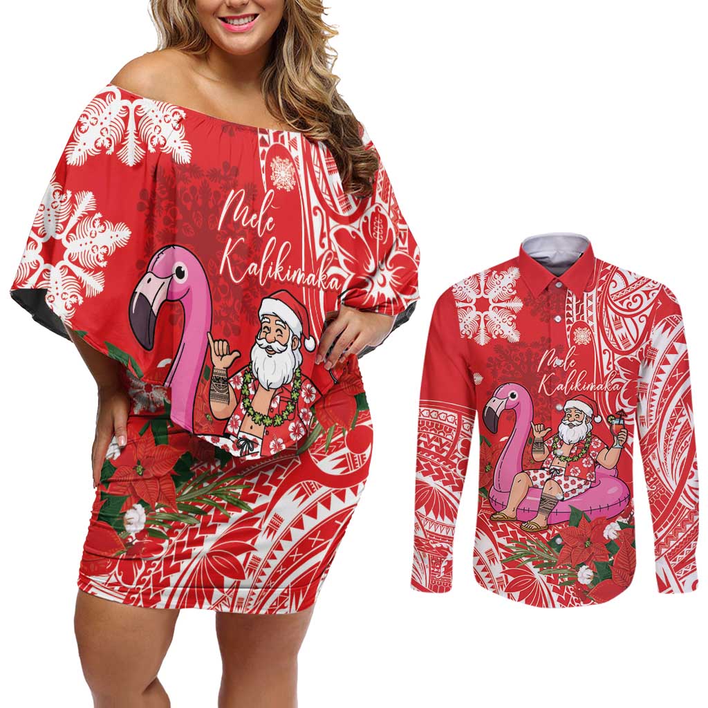Personalized Hawaii Christmas Couples Matching Off Shoulder Short Dress and Long Sleeve Button Shirt Mele Kalikimaka Chilling Shaka Santa Flamingo - Polynesian Pride