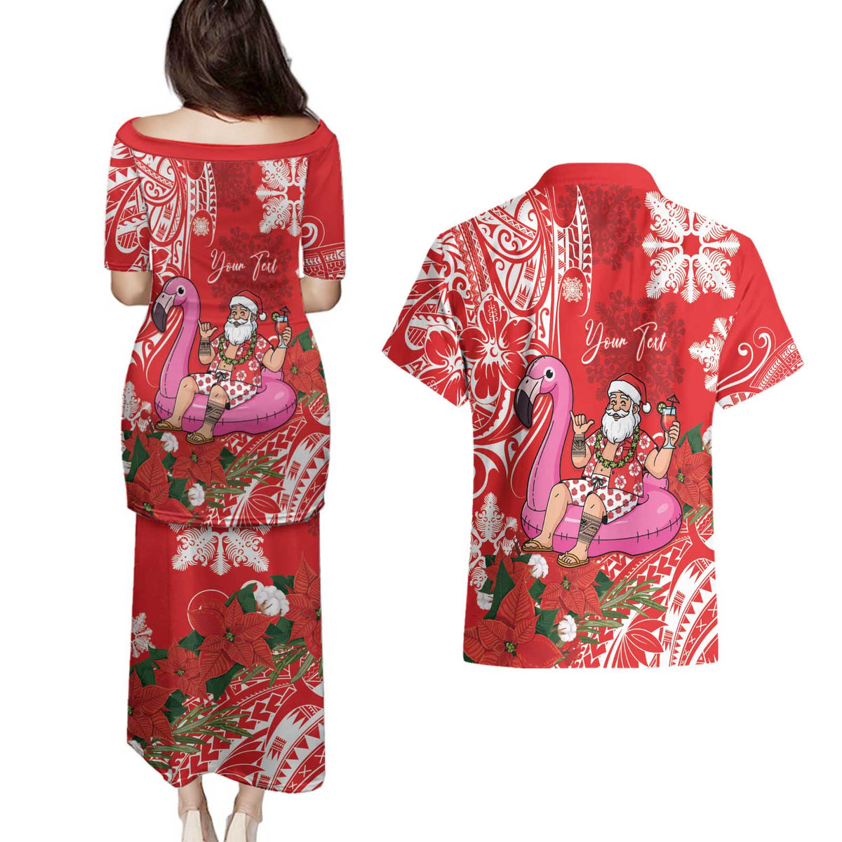 Personalized Hawaii Christmas Couples Matching Puletasi and Hawaiian Shirt Mele Kalikimaka Chilling Shaka Santa Flamingo - Polynesian Pride