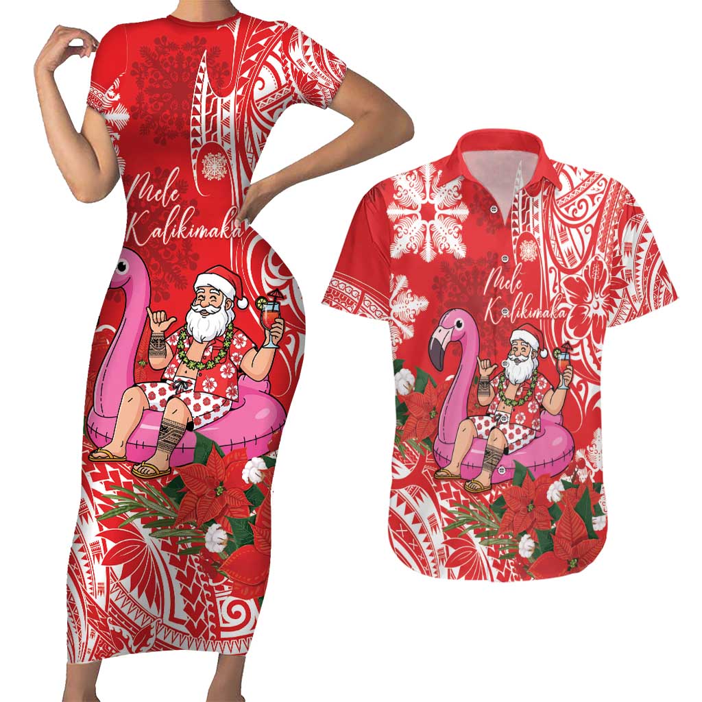Personalized Hawaii Christmas Couples Matching Short Sleeve Bodycon Dress and Hawaiian Shirt Mele Kalikimaka Chilling Shaka Santa Flamingo - Polynesian Pride