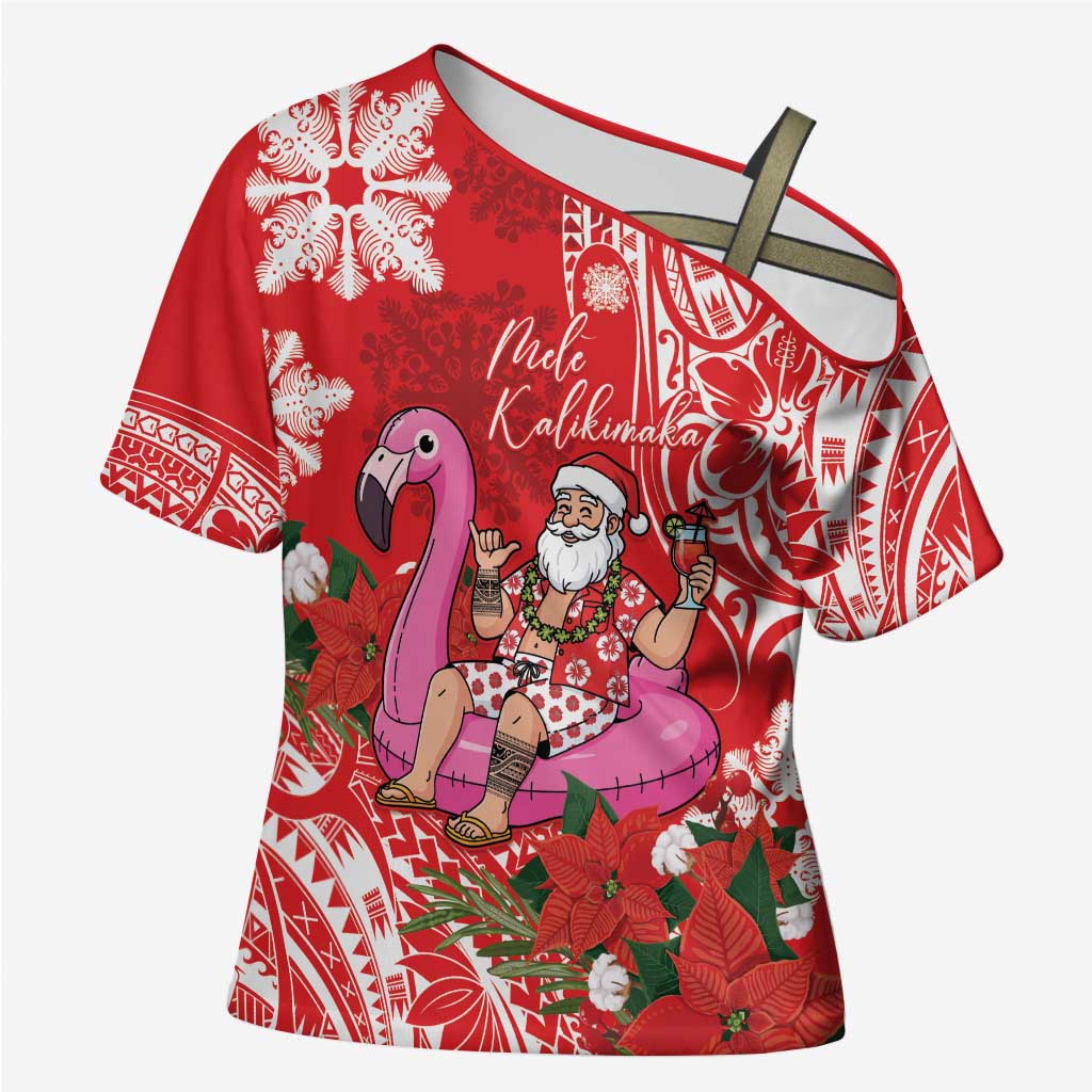 Personalized Hawaii Christmas Cross Shoulder Shirt Mele Kalikimaka Chilling Shaka Santa Flamingo - Polynesian Pride