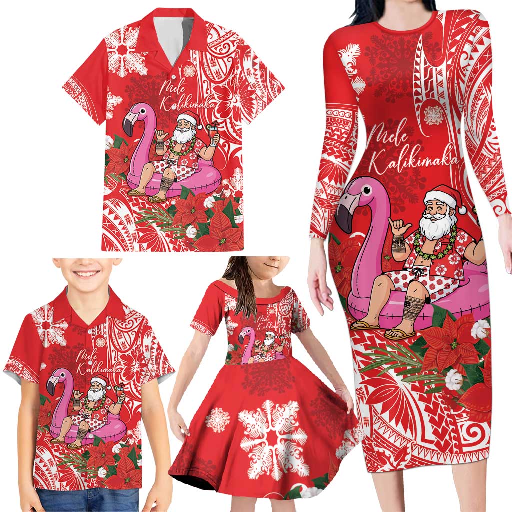 Personalized Hawaii Christmas Family Matching Long Sleeve Bodycon Dress and Hawaiian Shirt Mele Kalikimaka Chilling Shaka Santa Flamingo - Polynesian Pride