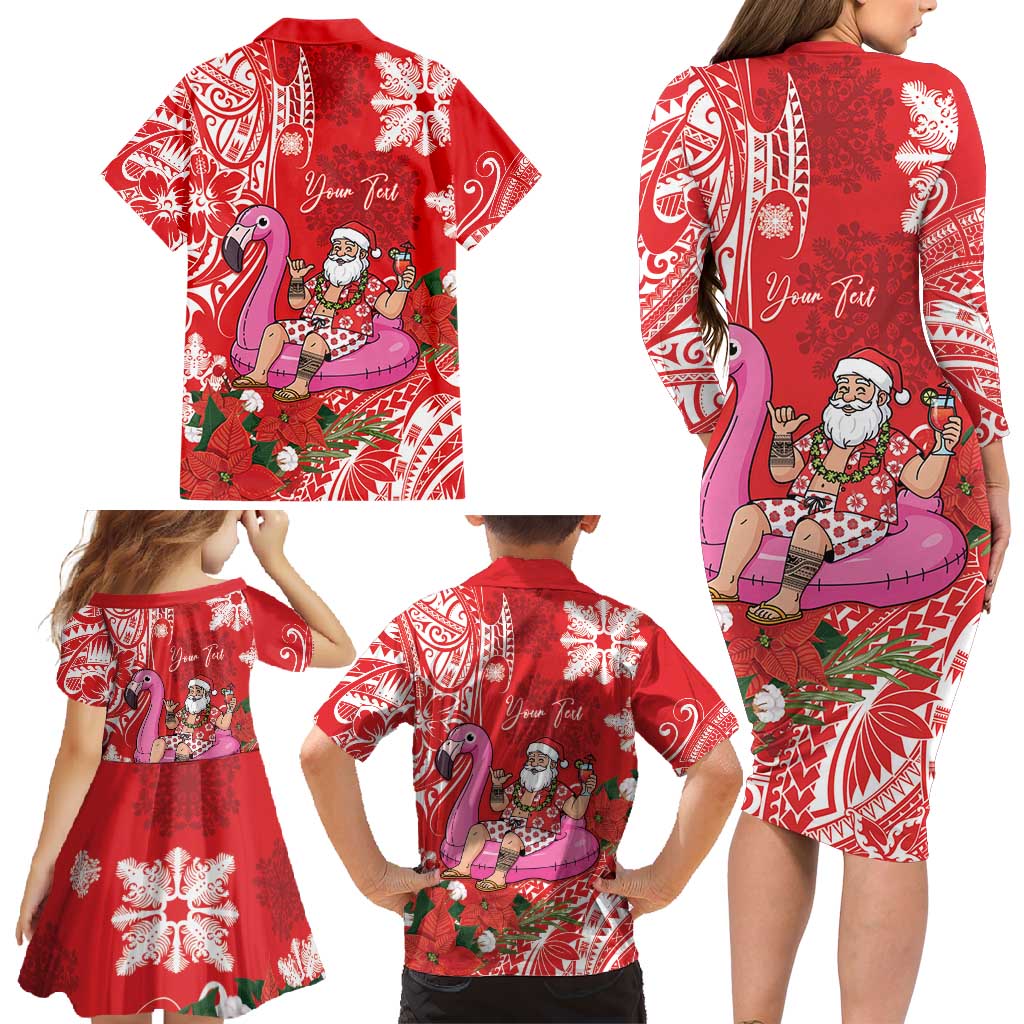 Personalized Hawaii Christmas Family Matching Long Sleeve Bodycon Dress and Hawaiian Shirt Mele Kalikimaka Chilling Shaka Santa Flamingo - Polynesian Pride