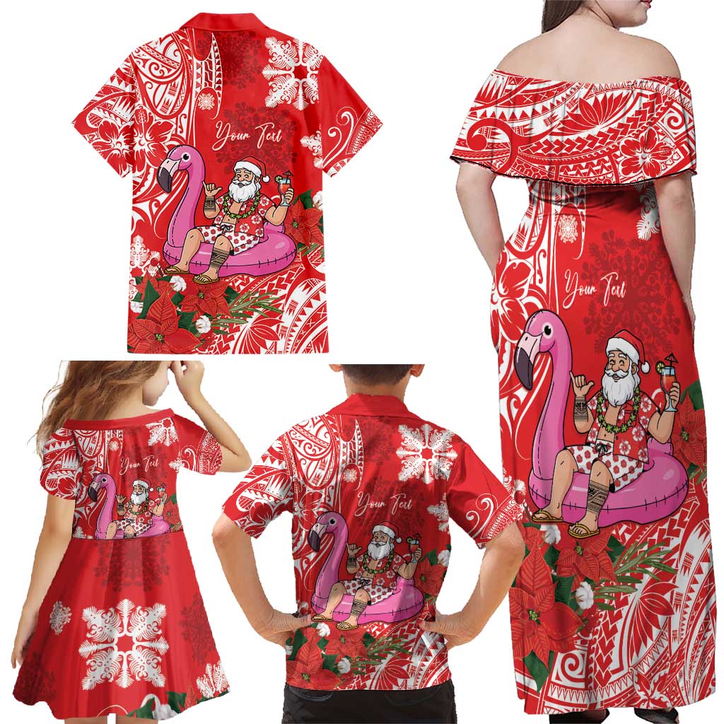 Personalized Hawaii Christmas Family Matching Off Shoulder Maxi Dress and Hawaiian Shirt Mele Kalikimaka Chilling Shaka Santa Flamingo - Polynesian Pride