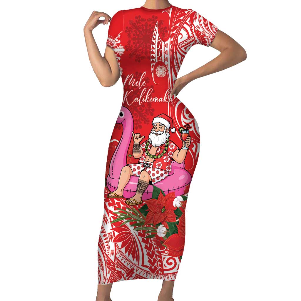 Personalized Hawaii Christmas Family Matching Short Sleeve Bodycon Dress and Hawaiian Shirt Mele Kalikimaka Chilling Shaka Santa Flamingo - Polynesian Pride