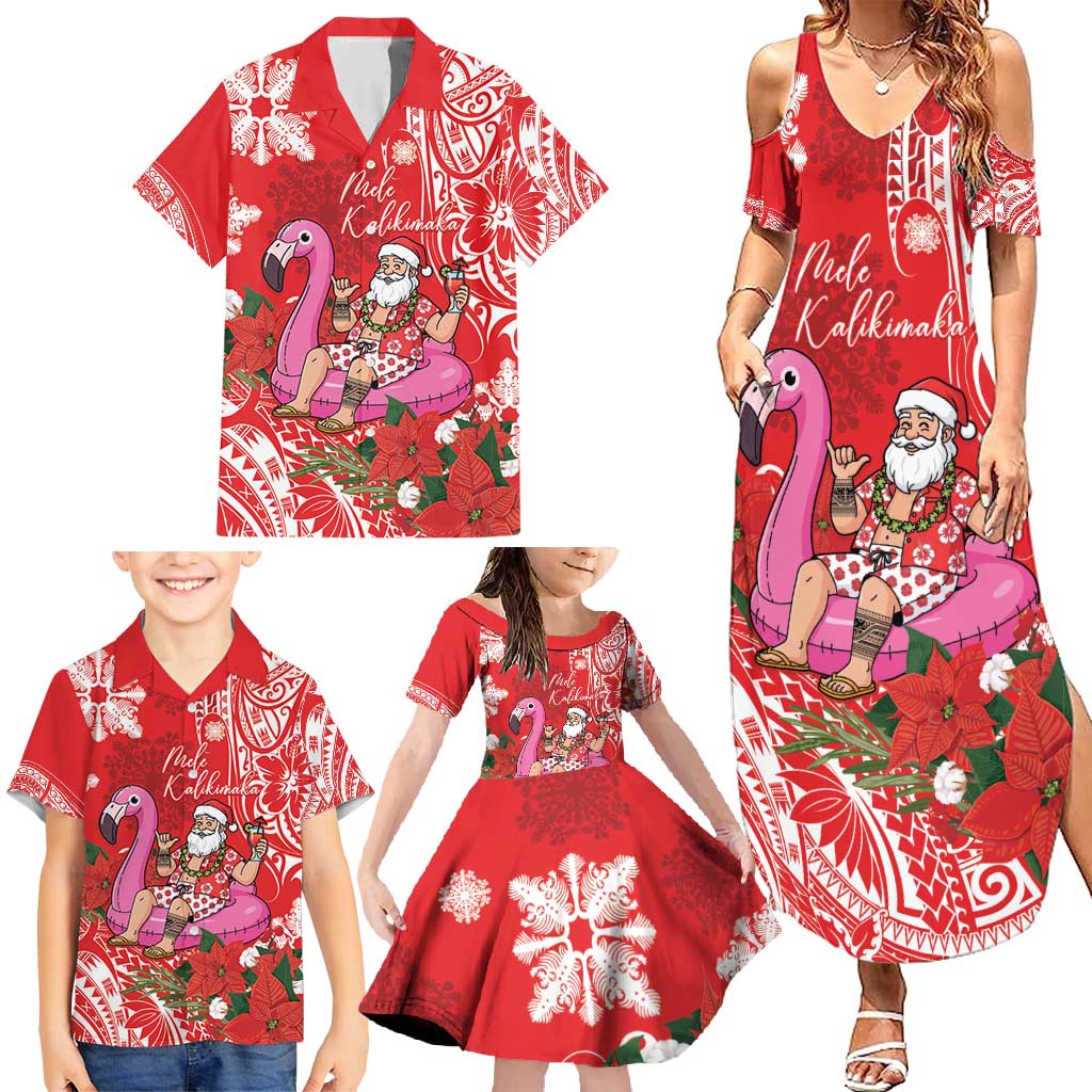 Personalized Hawaii Christmas Family Matching Summer Maxi Dress and Hawaiian Shirt Mele Kalikimaka Chilling Shaka Santa Flamingo - Polynesian Pride