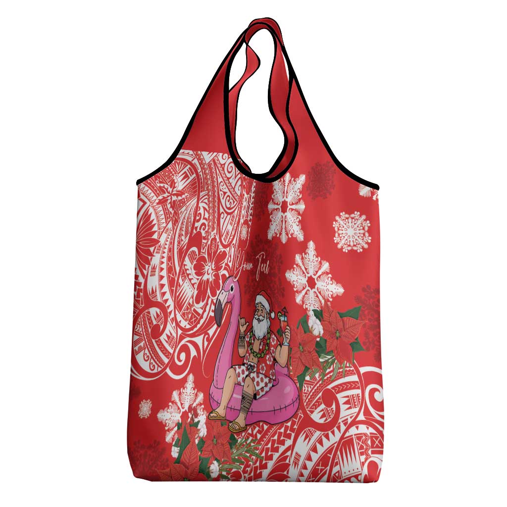 Personalized Hawaii Christmas Grocery Bag Mele Kalikimaka Chilling Shaka Santa Flamingo - Polynesian Pride