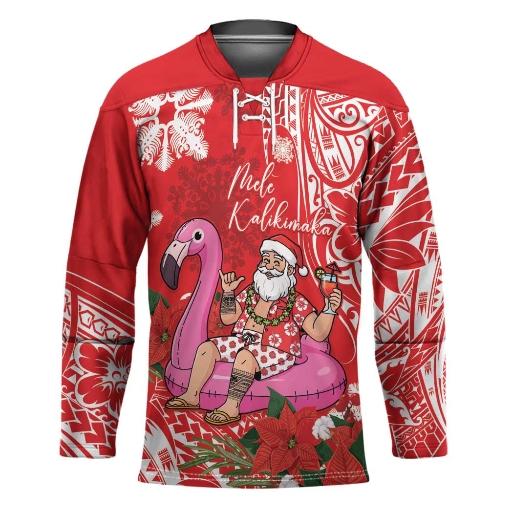 Personalized Hawaii Christmas Hockey Jersey Mele Kalikimaka Chilling Shaka Santa Flamingo - Polynesian Pride