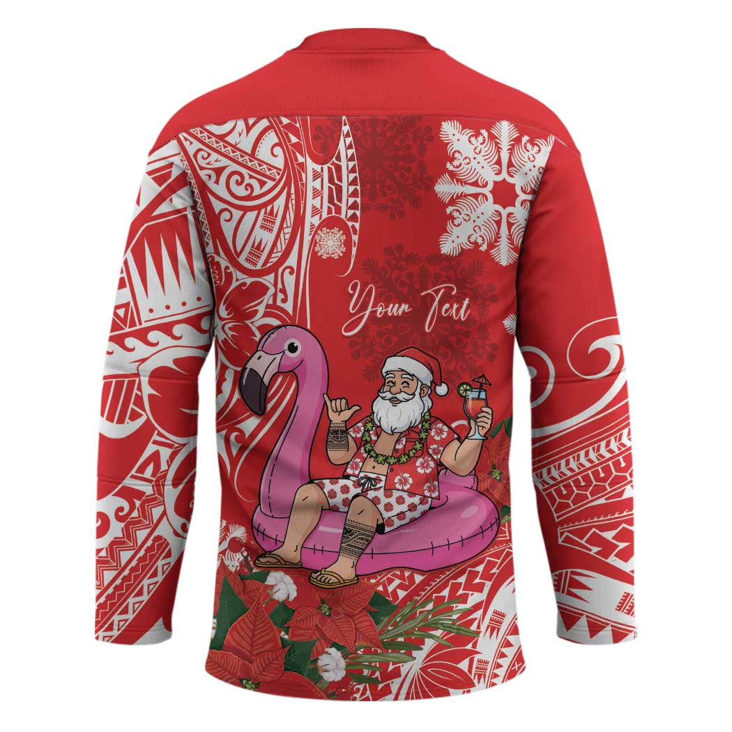 Personalized Hawaii Christmas Hockey Jersey Mele Kalikimaka Chilling Shaka Santa Flamingo - Polynesian Pride