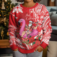 Personalized Hawaii Christmas Kid Ugly Christmas Sweater Mele Kalikimaka Chilling Shaka Santa Flamingo - Polynesian Pride