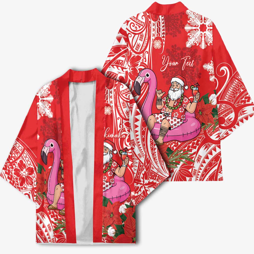 Personalized Hawaii Christmas Kimono Mele Kalikimaka Chilling Shaka Santa Flamingo - Polynesian Pride