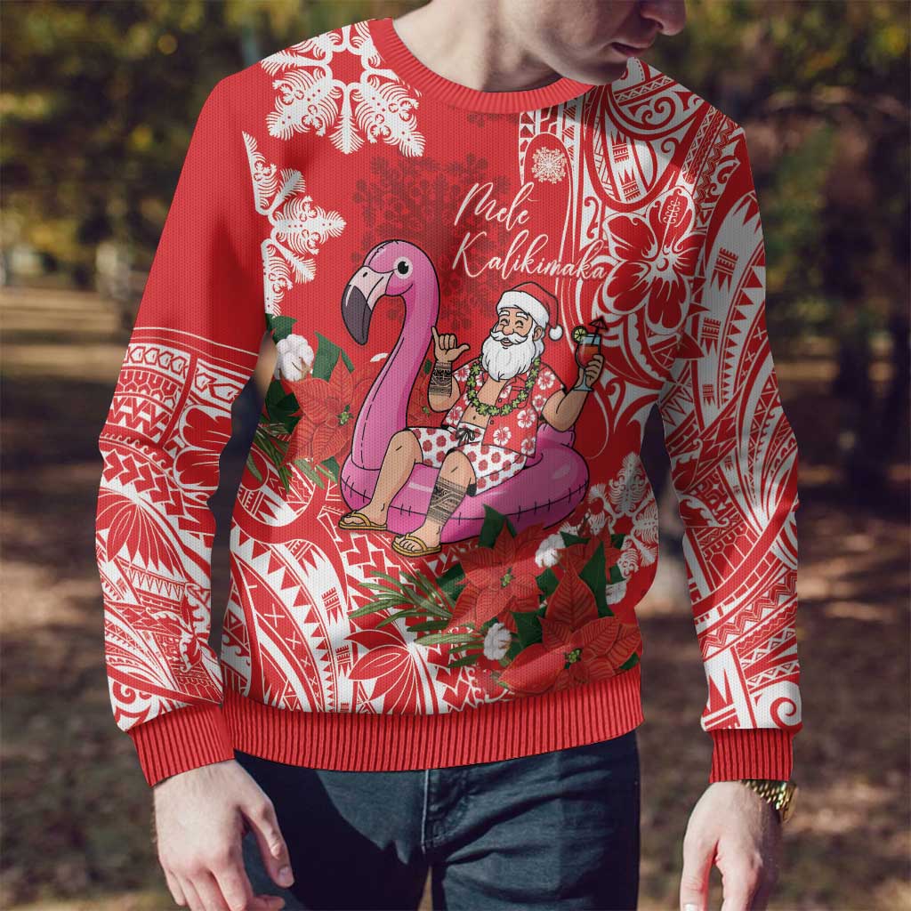 Personalized Hawaii Christmas Ugly Christmas Sweater Mele Kalikimaka Chilling Shaka Santa Flamingo - Polynesian Pride