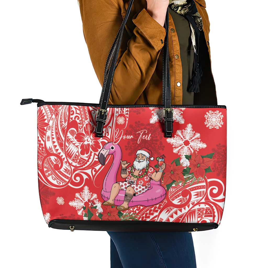 Personalized Hawaii Christmas Leather Tote Bag Mele Kalikimaka Chilling Shaka Santa Flamingo - Polynesian Pride