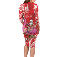 Personalized Hawaii Christmas Long Sleeve Bodycon Dress Mele Kalikimaka Chilling Shaka Santa Flamingo - Polynesian Pride