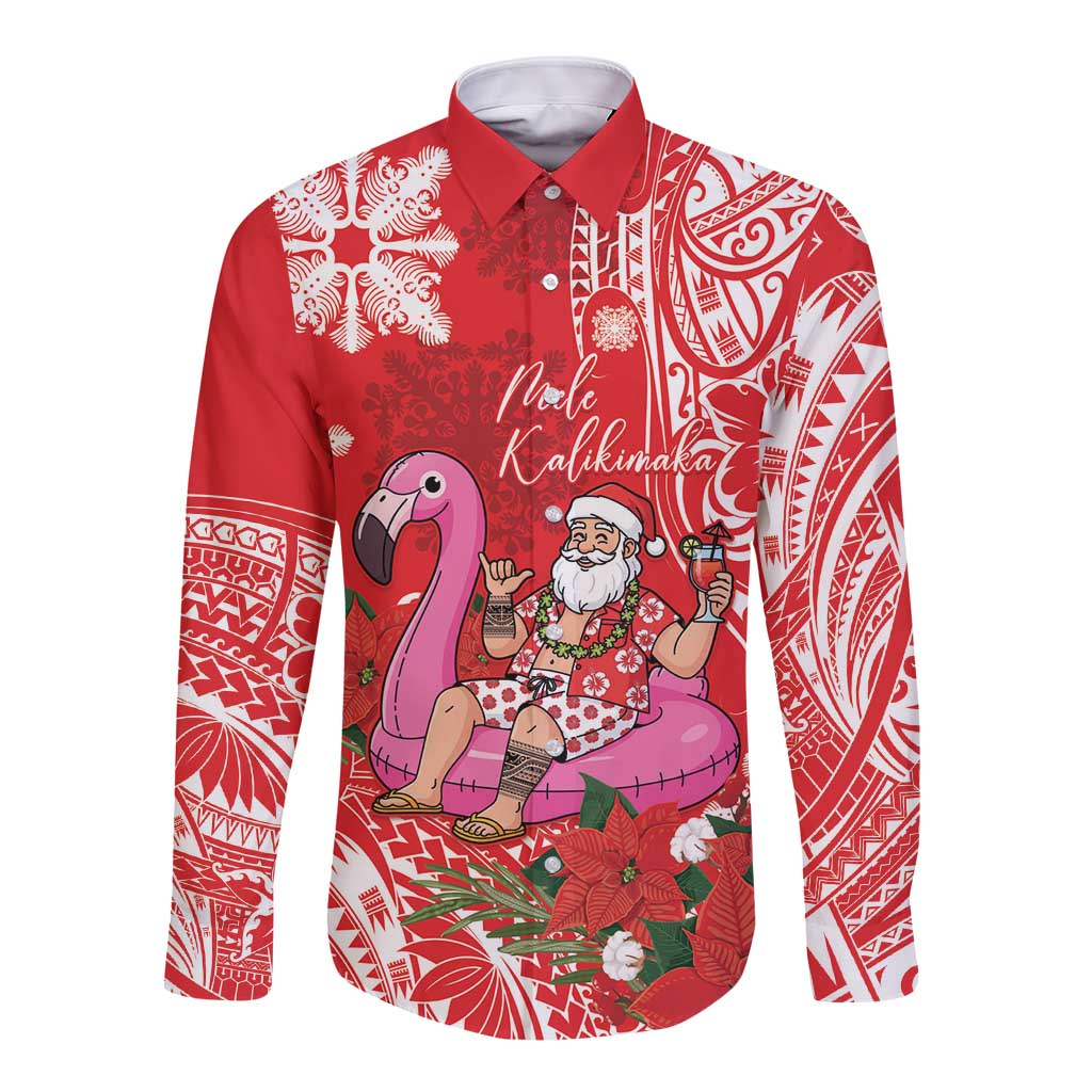 Personalized Hawaii Christmas Long Sleeve Button Shirt Mele Kalikimaka Chilling Shaka Santa Flamingo - Polynesian Pride