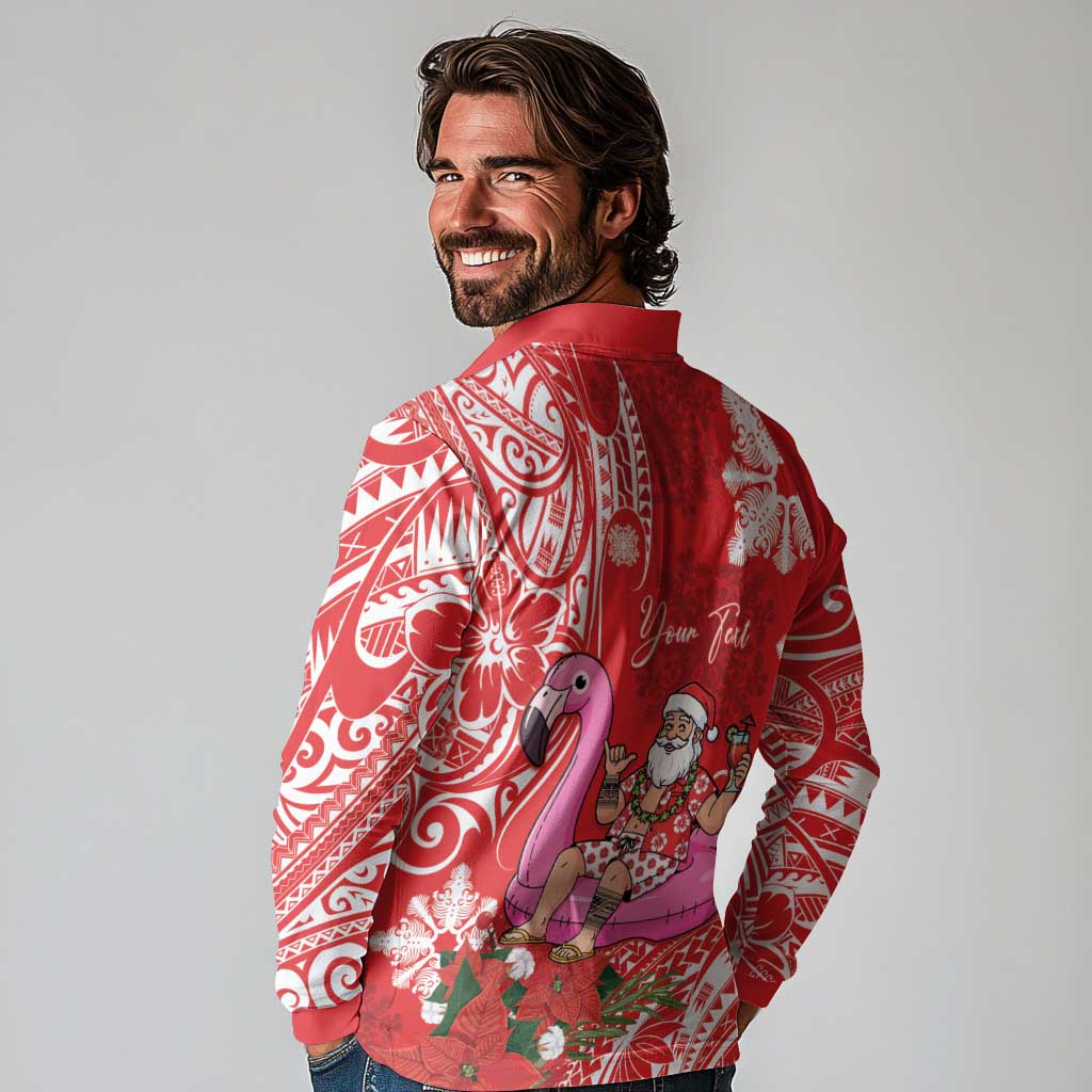 Personalized Hawaii Christmas Long Sleeve Polo Shirt Mele Kalikimaka Chilling Shaka Santa Flamingo - Polynesian Pride