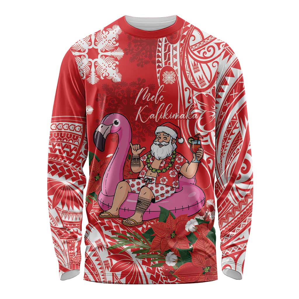 Personalized Hawaii Christmas Long Sleeve Shirt Mele Kalikimaka Chilling Shaka Santa Flamingo - Polynesian Pride