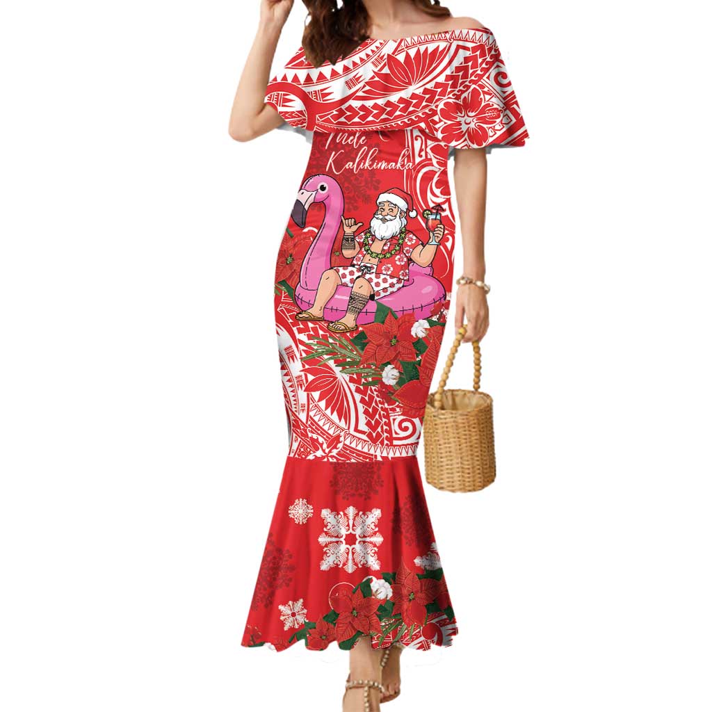 Personalized Hawaii Christmas Mermaid Dress Mele Kalikimaka Chilling Shaka Santa Flamingo - Polynesian Pride
