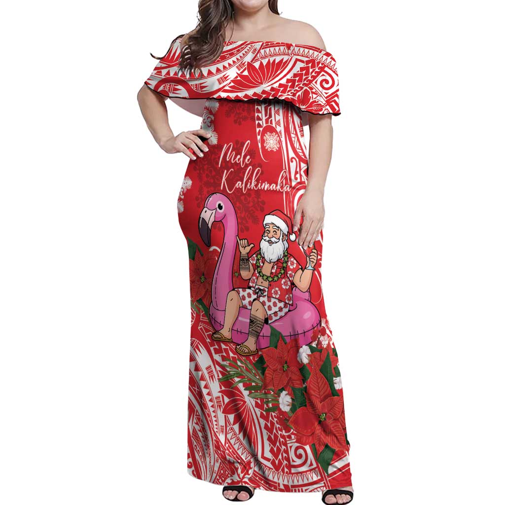 Personalized Hawaii Christmas Off Shoulder Maxi Dress Mele Kalikimaka Chilling Shaka Santa Flamingo - Polynesian Pride