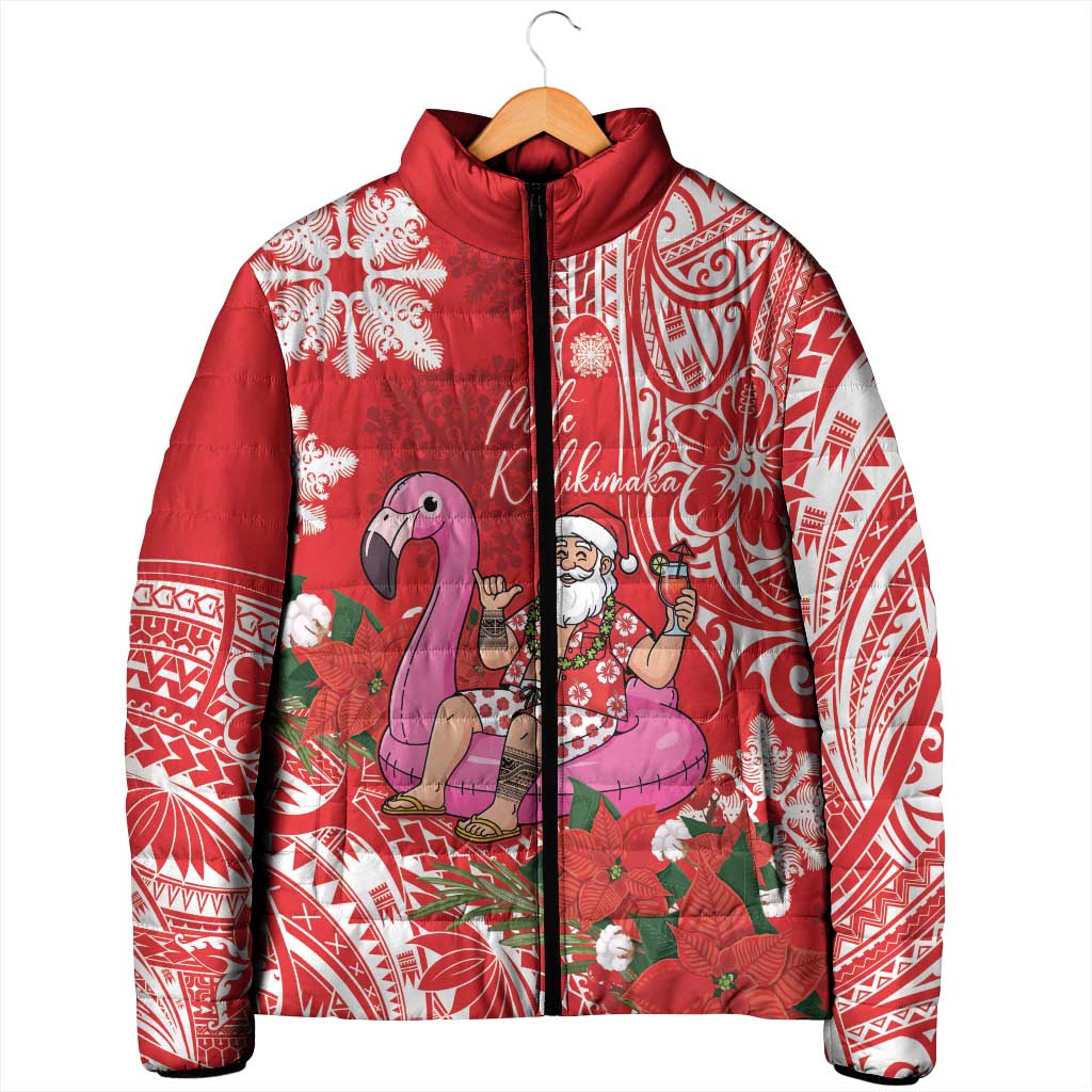 Personalized Hawaii Christmas Padded Jacket Mele Kalikimaka Chilling Shaka Santa Flamingo - Polynesian Pride