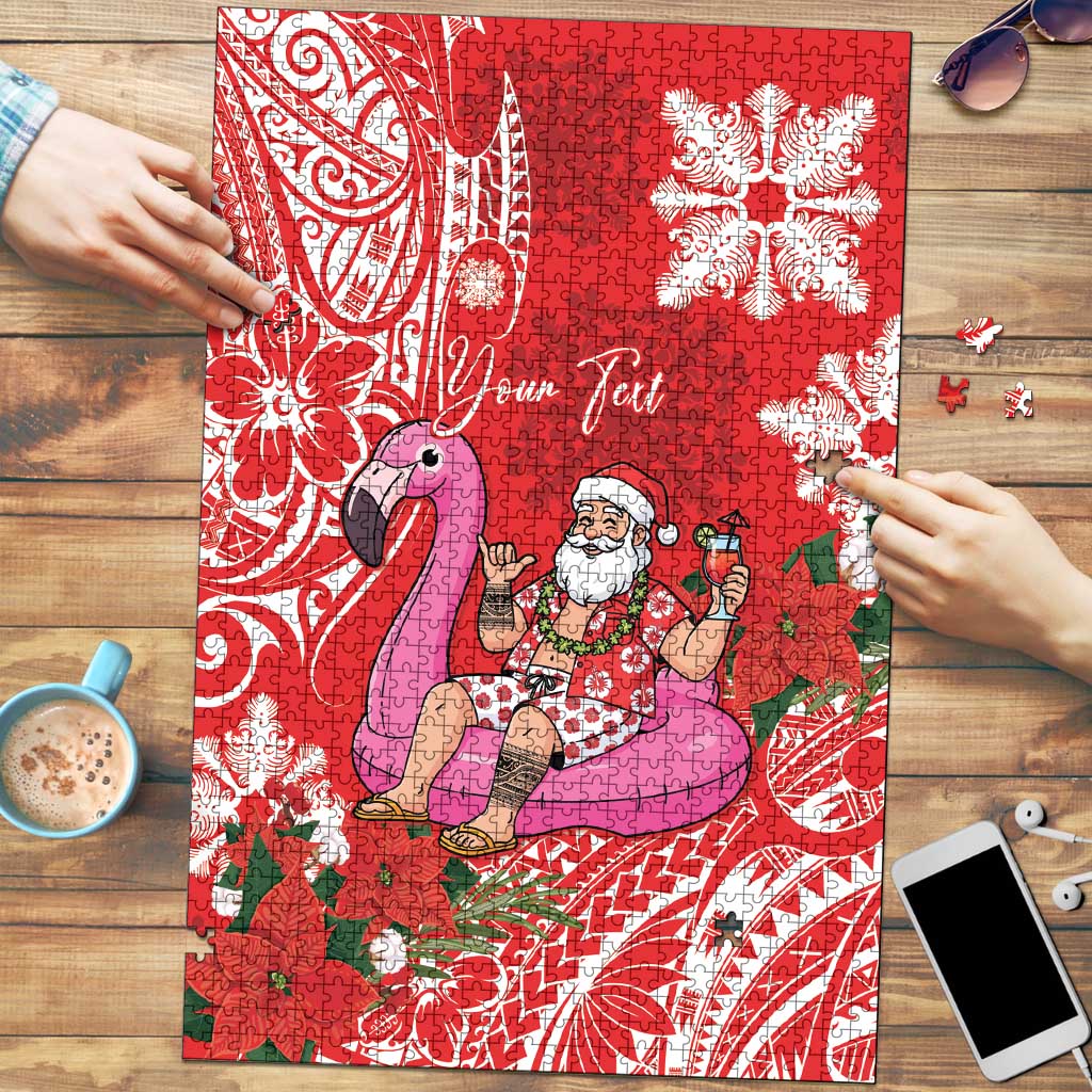 Personalized Hawaii Christmas Puzzle Mele Kalikimaka Chilling Shaka Santa Flamingo - Polynesian Pride