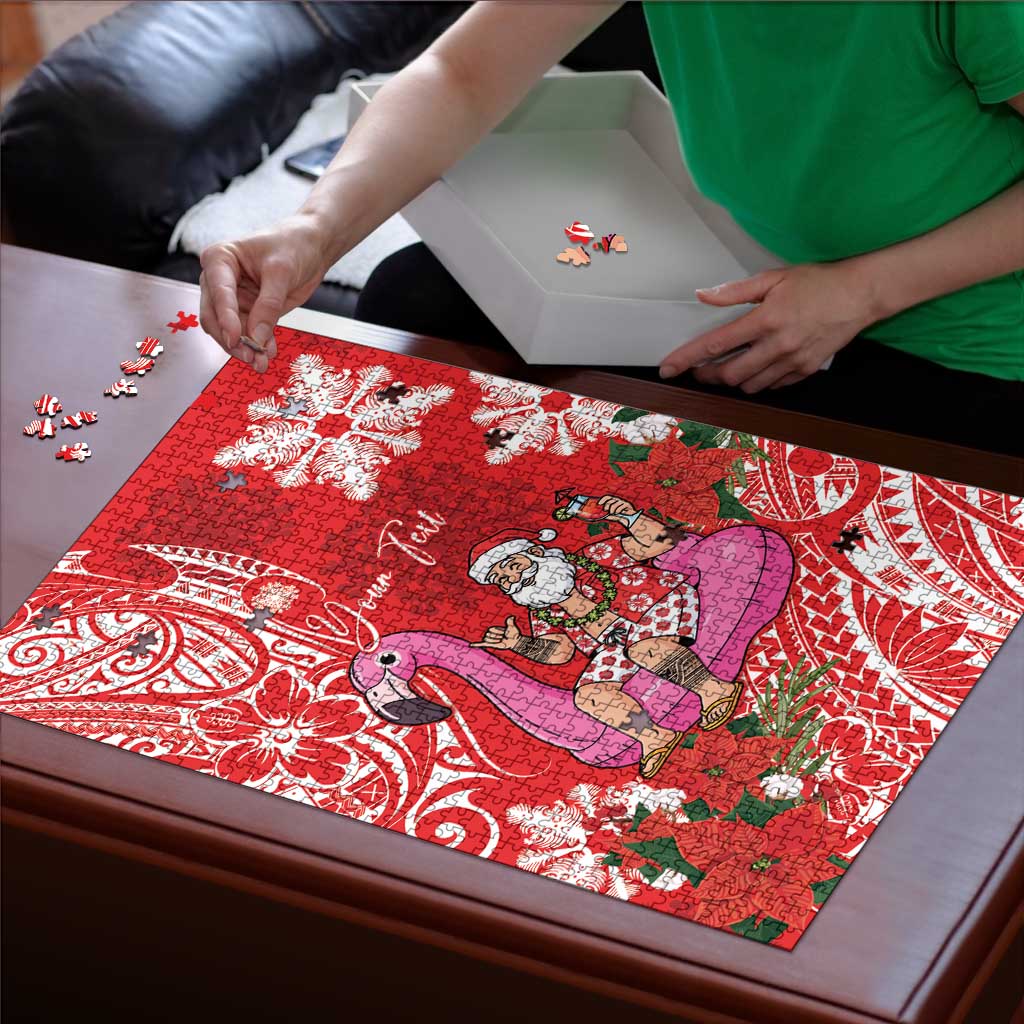 Personalized Hawaii Christmas Puzzle Mele Kalikimaka Chilling Shaka Santa Flamingo - Polynesian Pride