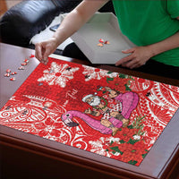 Personalized Hawaii Christmas Puzzle Mele Kalikimaka Chilling Shaka Santa Flamingo - Polynesian Pride