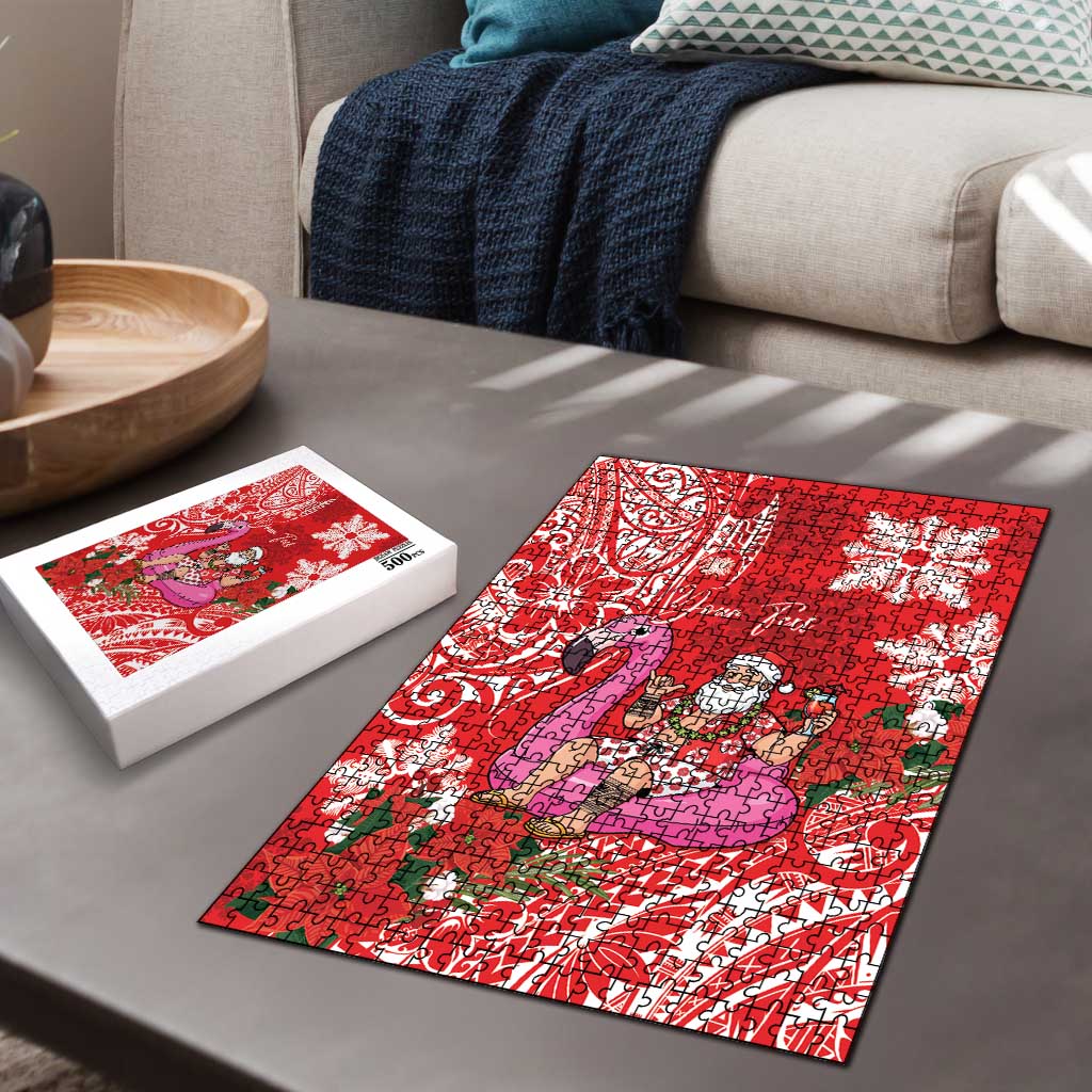 Personalized Hawaii Christmas Puzzle Mele Kalikimaka Chilling Shaka Santa Flamingo - Polynesian Pride