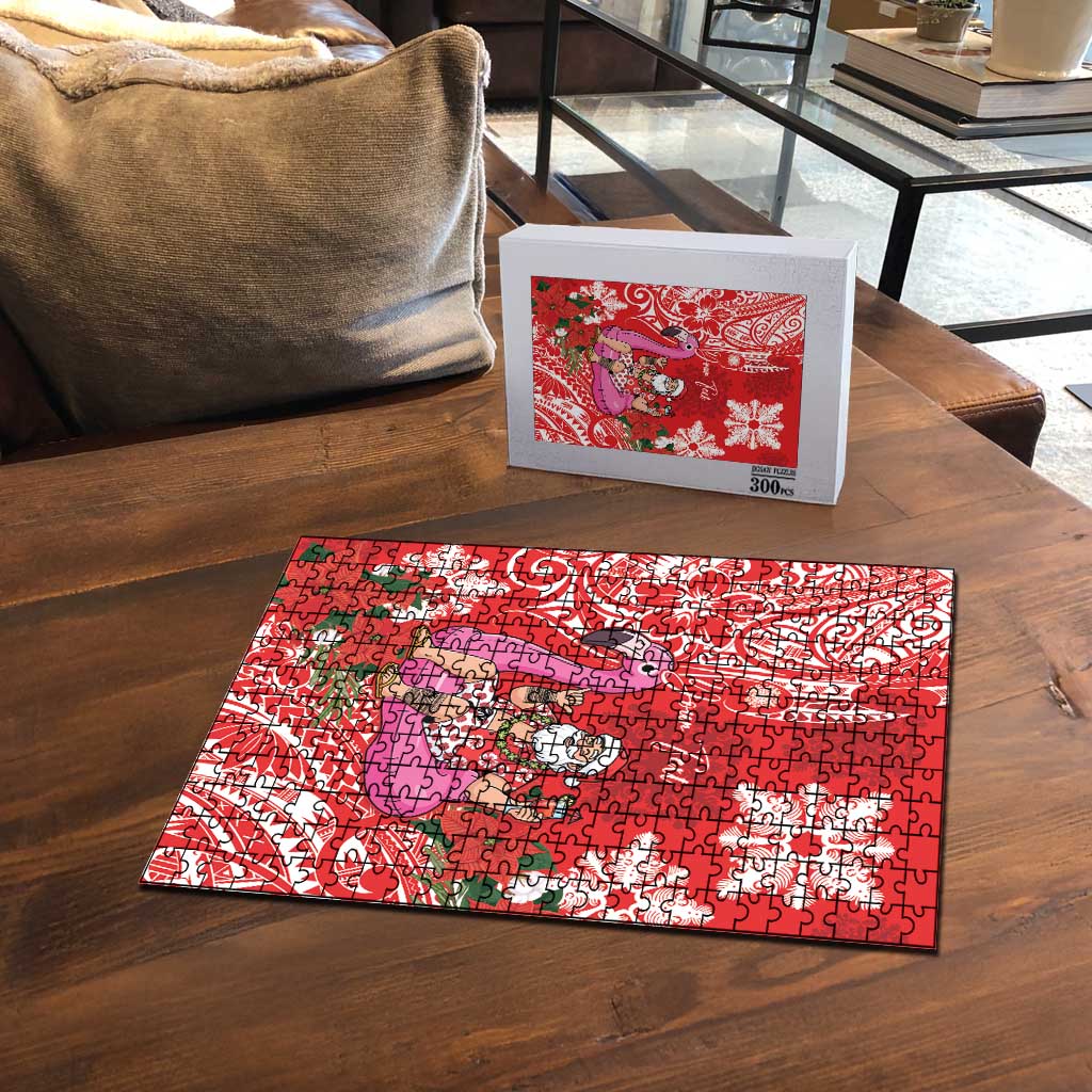 Personalized Hawaii Christmas Puzzle Mele Kalikimaka Chilling Shaka Santa Flamingo - Polynesian Pride