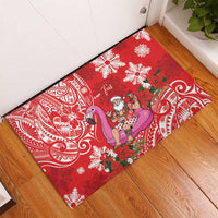 Personalized Hawaii Christmas Rubber Doormat Mele Kalikimaka Chilling Shaka Santa Flamingo - Polynesian Pride