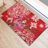 Personalized Hawaii Christmas Rubber Doormat Mele Kalikimaka Chilling Shaka Santa Flamingo - Polynesian Pride