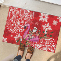 Personalized Hawaii Christmas Rubber Doormat Mele Kalikimaka Chilling Shaka Santa Flamingo - Polynesian Pride