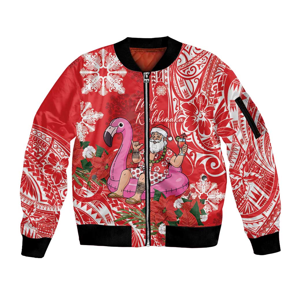 Personalized Hawaii Christmas Sleeve Zip Bomber Jacket Mele Kalikimaka Chilling Shaka Santa Flamingo - Polynesian Pride