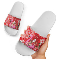 Personalized Hawaii Christmas Slide Sandals Mele Kalikimaka Chilling Shaka Santa Flamingo - Polynesian Pride