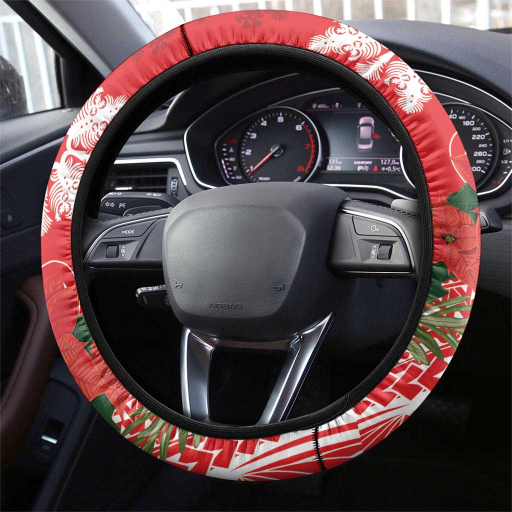 Hawaii Christmas Steering Wheel Cover Mele Kalikimaka Chilling Shaka Santa Flamingo - Polynesian Pride