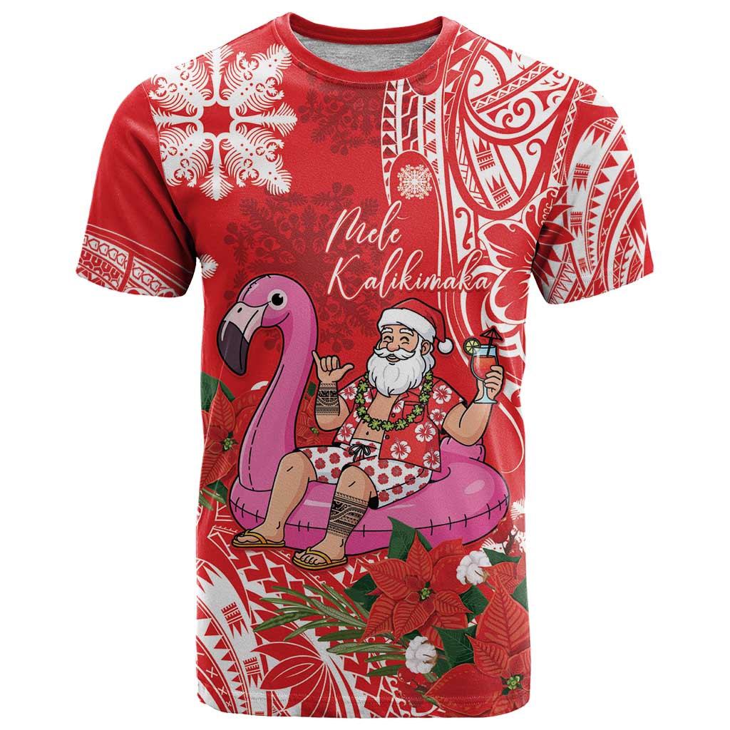 Personalized Hawaii Christmas T Shirt Mele Kalikimaka Chilling Shaka Santa Flamingo - Polynesian Pride