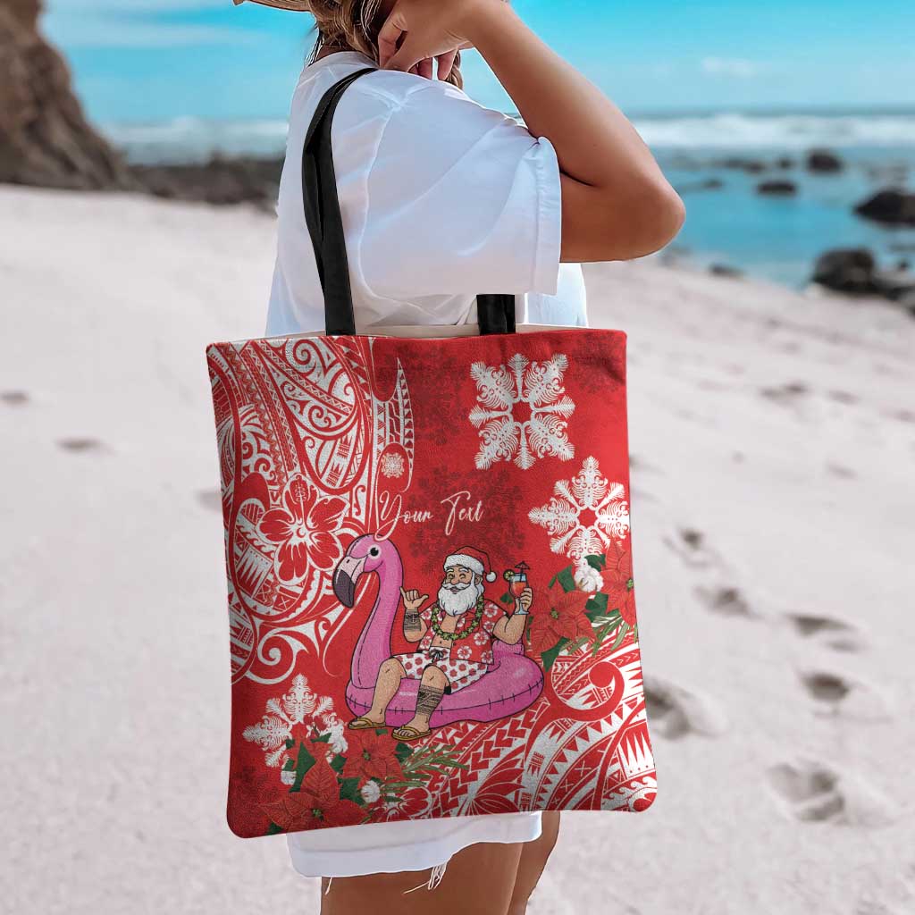 Personalized Hawaii Christmas Tote Bag Mele Kalikimaka Chilling Shaka Santa Flamingo - Polynesian Pride