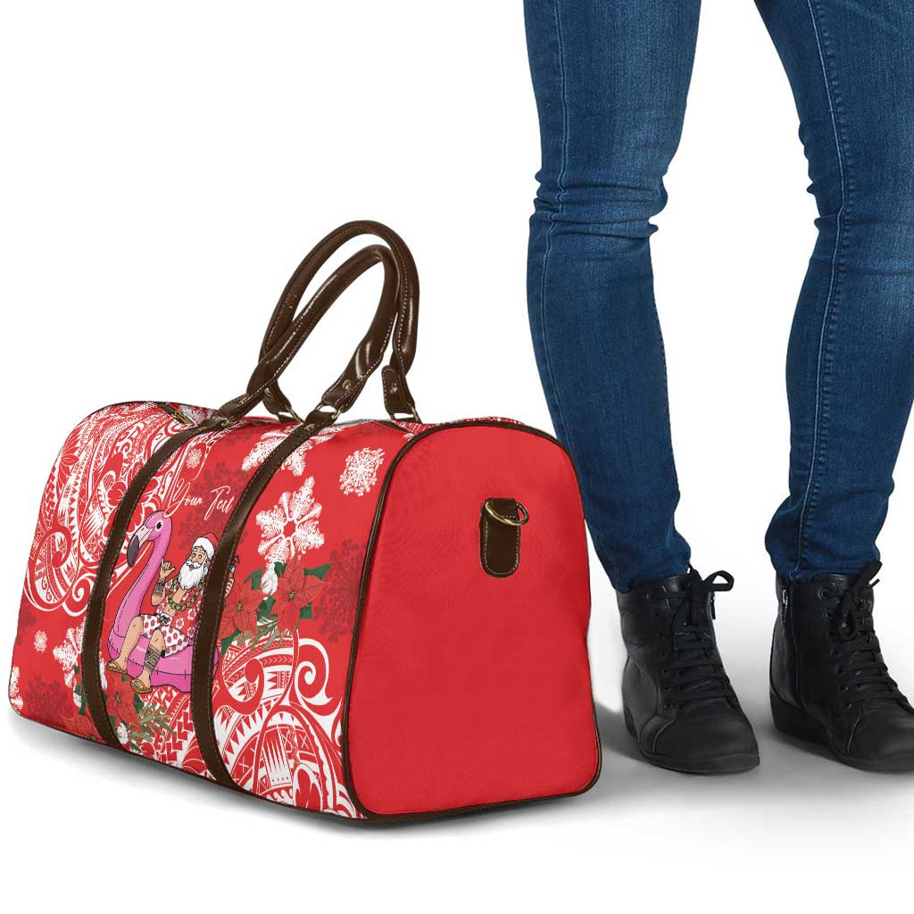 Personalized Hawaii Christmas Travel Bag Mele Kalikimaka Chilling Shaka Santa Flamingo - Polynesian Pride
