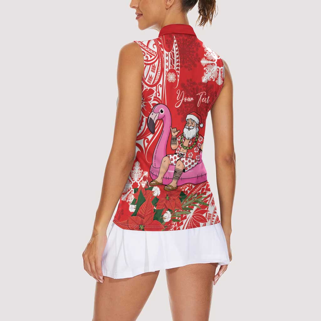 Personalized Hawaii Christmas Women Sleeveless Polo Shirt Mele Kalikimaka Chilling Shaka Santa Flamingo - Polynesian Pride