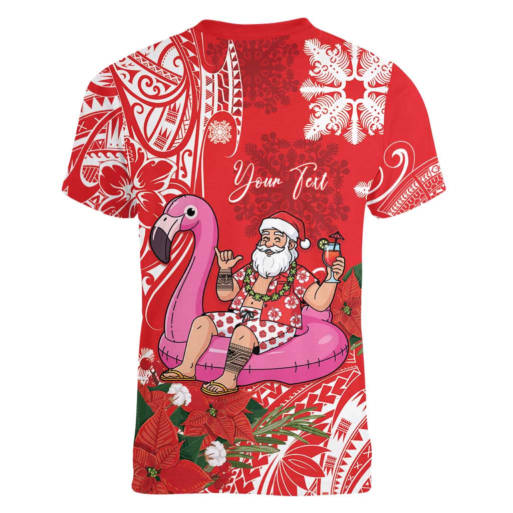 Personalized Hawaii Christmas Women V-Neck T-Shirt Mele Kalikimaka Chilling Shaka Santa Flamingo - Polynesian Pride