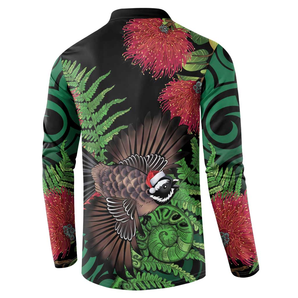 Meri Kirihimete New Zealand Button Sweatshirt Piwakawaka Koru Fern Mix Pohutukawa - Polynesian Pride