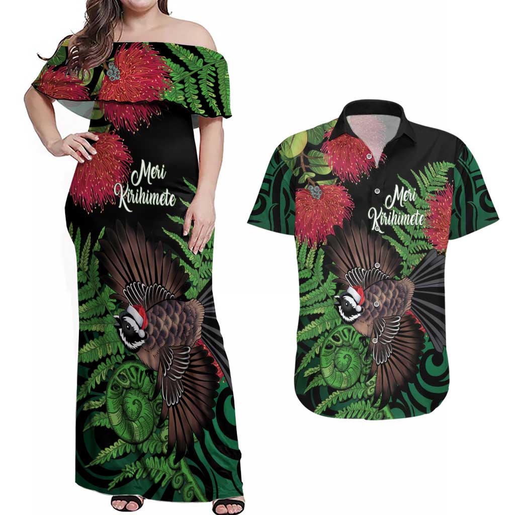 Meri Kirihimete New Zealand Couples Matching Off Shoulder Maxi Dress and Hawaiian Shirt Piwakawaka Koru Fern Mix Pohutukawa - Polynesian Pride