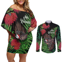 Meri Kirihimete New Zealand Couples Matching Off Shoulder Short Dress and Long Sleeve Button Shirt Piwakawaka Koru Fern Mix Pohutukawa - Polynesian Pride