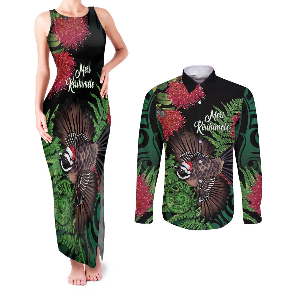 Meri Kirihimete New Zealand Couples Matching Tank Maxi Dress and Long Sleeve Button Shirt Piwakawaka Koru Fern Mix Pohutukawa - Polynesian Pride