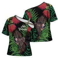 Meri Kirihimete New Zealand Cross Shoulder Shirt Piwakawaka Koru Fern Mix Pohutukawa - Polynesian Pride