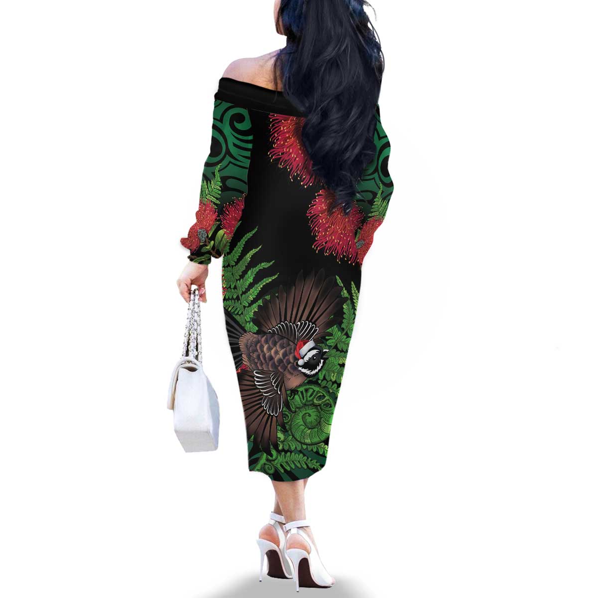 Meri Kirihimete New Zealand Family Matching Off The Shoulder Long Sleeve Dress and Hawaiian Shirt Piwakawaka Koru Fern Mix Pohutukawa - Polynesian Pride