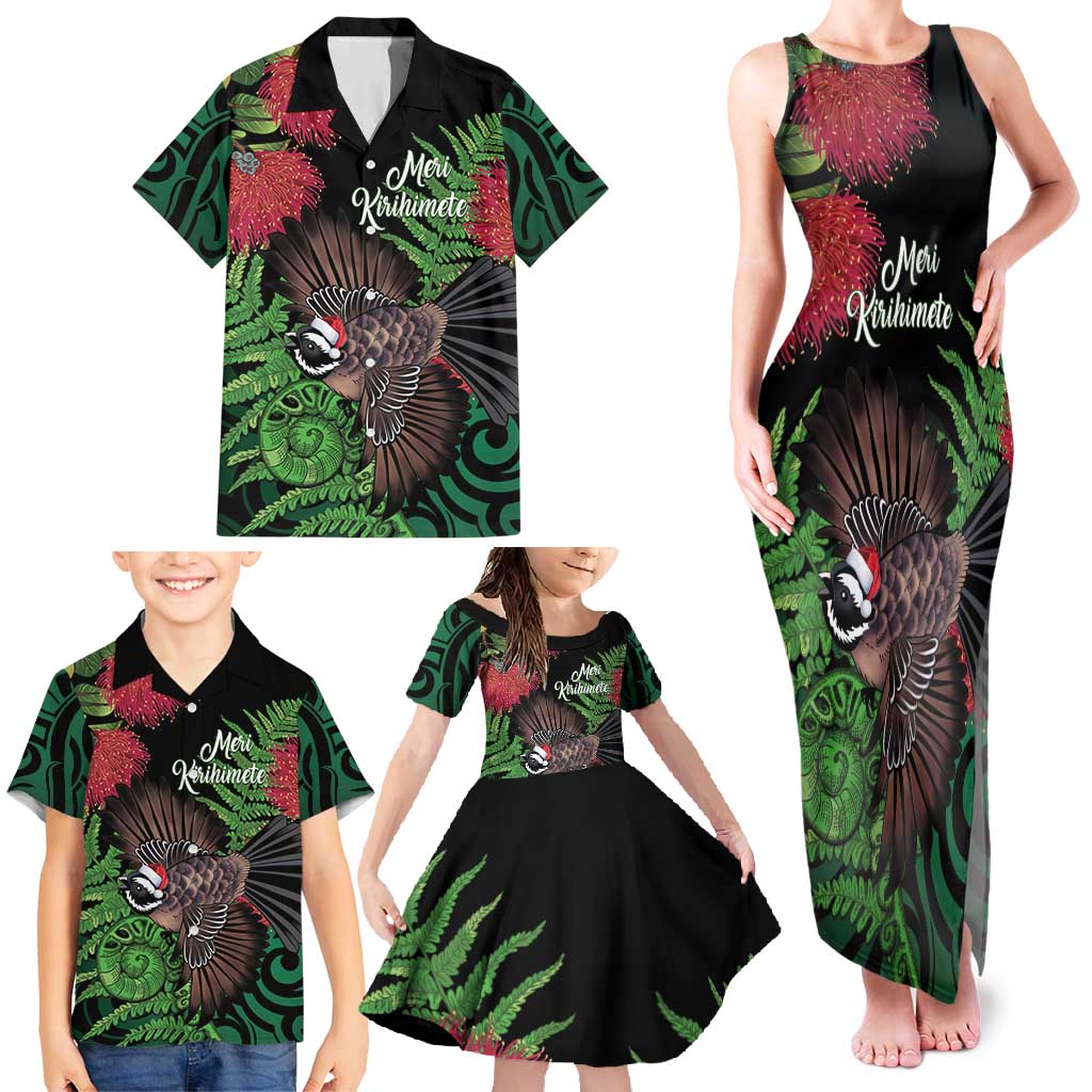 Meri Kirihimete New Zealand Family Matching Tank Maxi Dress and Hawaiian Shirt Piwakawaka Koru Fern Mix Pohutukawa - Polynesian Pride