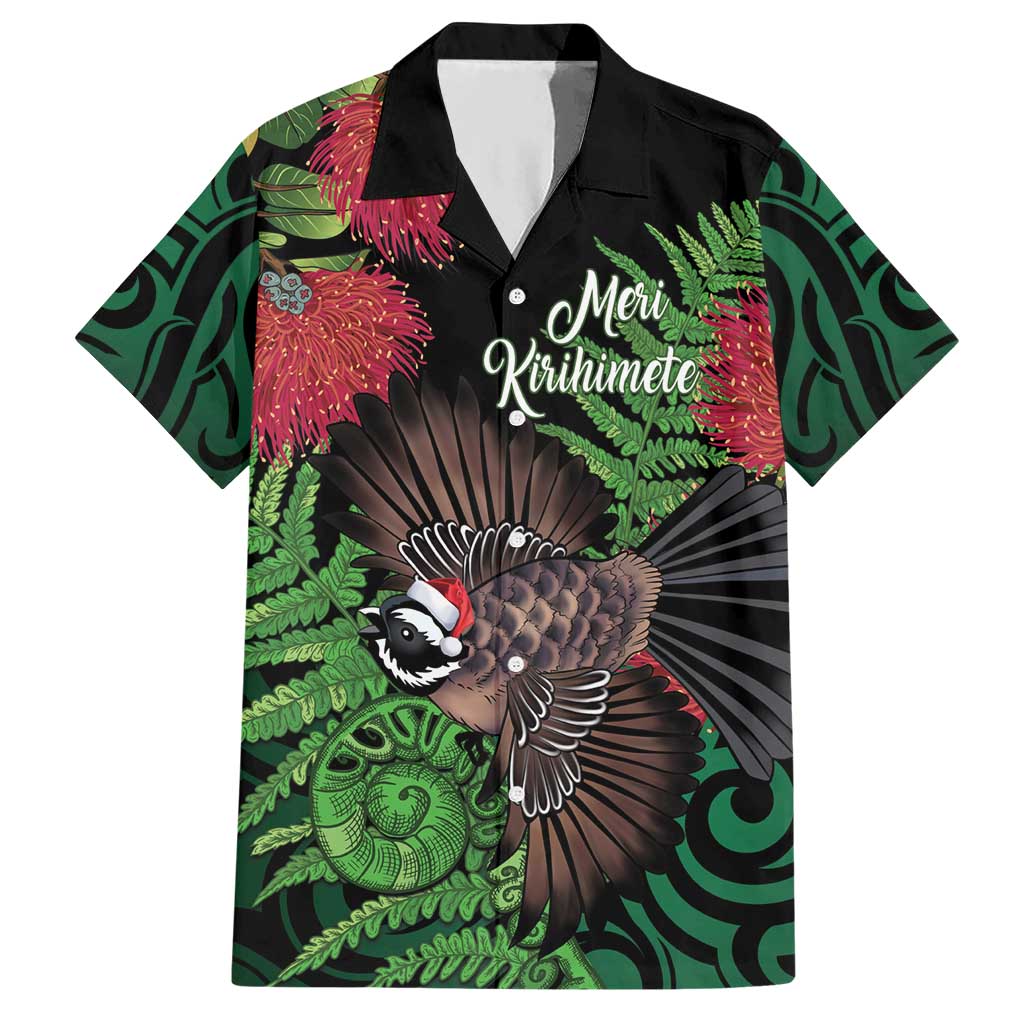 Meri Kirihimete New Zealand Hawaiian Shirt Piwakawaka Koru Fern Mix Pohutukawa LT14 Black - Polynesian Pride